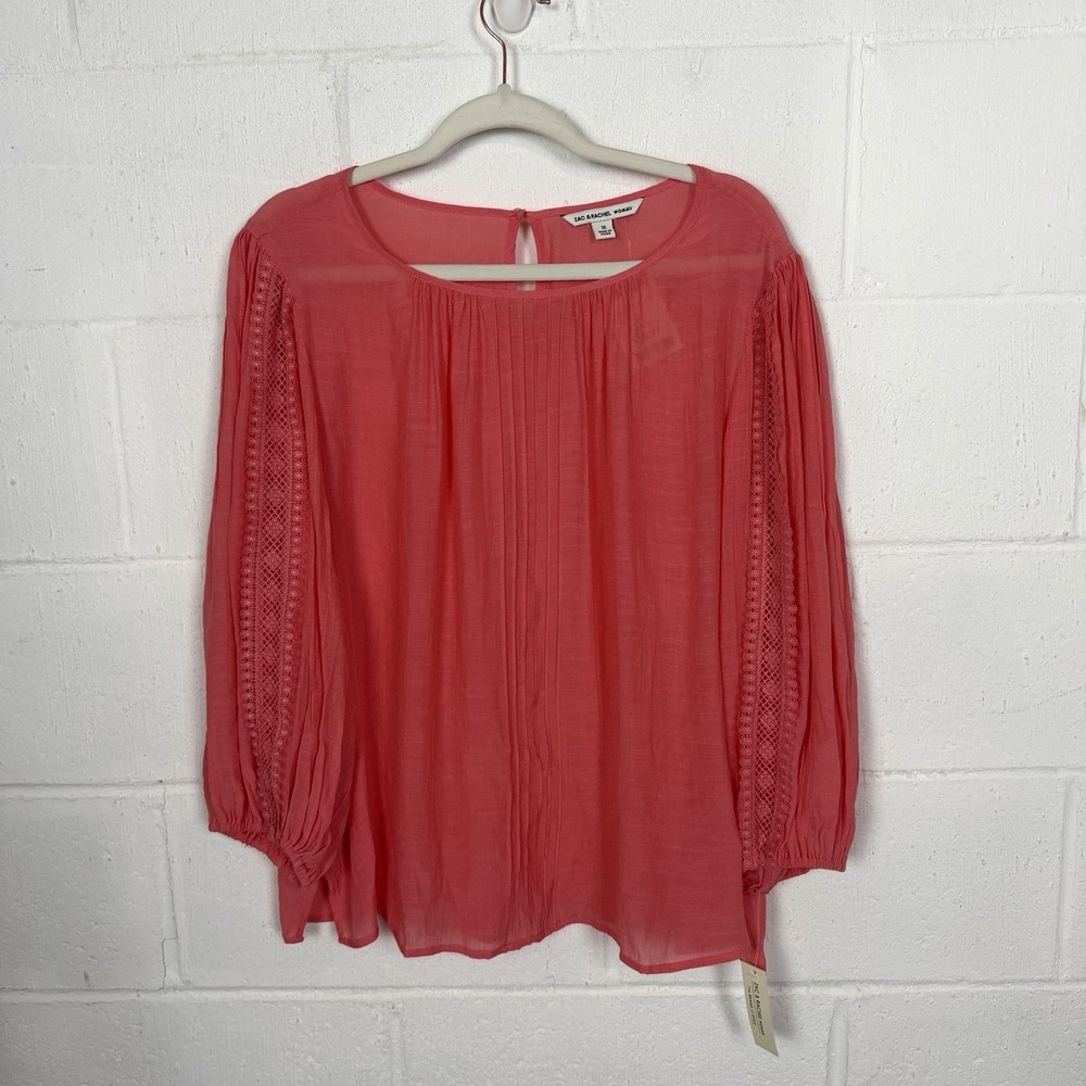 Zac & Rachel NWT Peasant BoHo Top Plus Size 1X Coral Gauzy Crochet Romantic